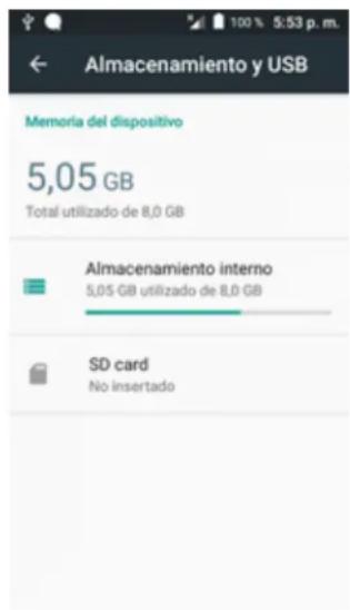Almacenamiento y USB Memoria del dispositivo 5,05 GB Total utilizado de 8,0 GB Almacenamiento interno 5,05 GB utilizado de 8,0 GB SD card No insertado