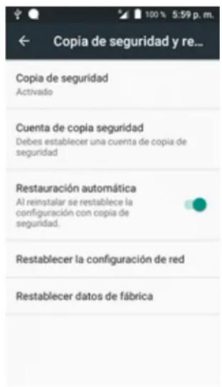 Copia de seguridad y re... Copia de seguridad Activado Cuenta de copia seguridad Debes establecer una cuenta de copia de seguridad Restauración automática Al reinstalar se restablece la configuración con copia de seguridad. Restablecer la configuración de red Restablecer datos de fábrica