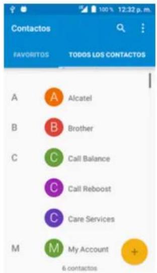 Contactos FAVORITOS TODOS LOS CONTACTOS A A Alcatel B B Brother C C Call Balance C Call Reboost C Care Services M M My Account + 6 contactos