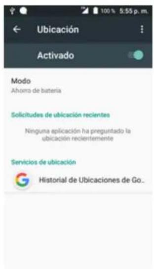 Ubicación Activado Modo Ahorro de batería Solicitudes de ubicación recientes Ninguna aplicación ha preguntado la ubicación recientemente Servicios de ubicación Historial de Ubicaciones de Go..
