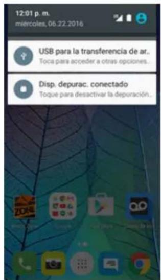 12:01 p. m. mércoles, 06.22.2016 USB para la transferencia de ar.. Toca para acceder a otras opciones... Disp. depurac. conectado Toque para desactivar la depuración...