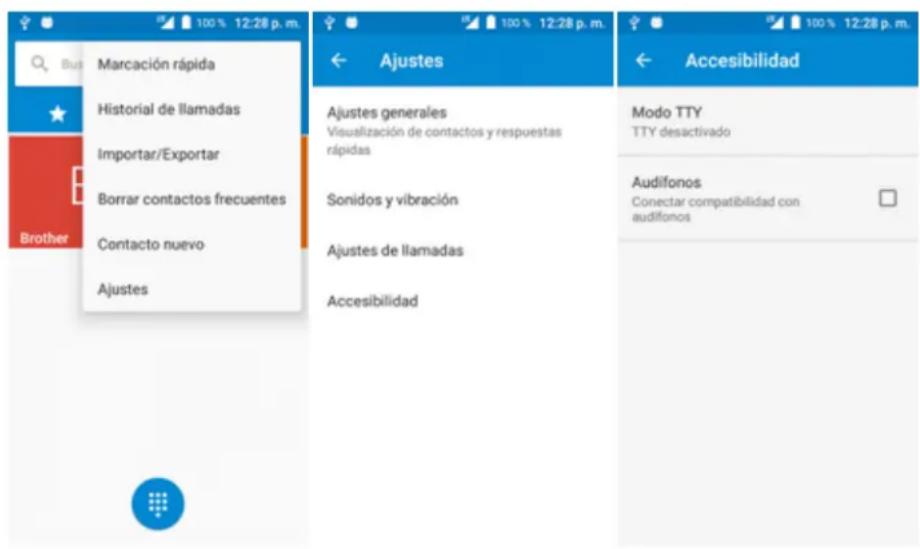 Burs Marcación rápida Historial de llamadas Importar/Exportar Borrar contactos frecuentes Contacto nuevo Ajustes Ajustes generales Visualización de contactos y respuestas rápidas Sonidos y vibración Ajustes de llamadas Accesibilidad ← Ajustes ← Accesibilidad Modo TTY TTY desactivado Audifonos Conectar compatibilidad con audifonos