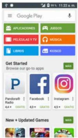 Google Play APPLICACIONES JUEGOS PELÍCULAS Y TV MUSICA LIBROS KIOSCO Get Started Browse our go-to apps MÁS P Facebook Instagram 4.4 + 4.0 + 4.5 + 4.4 + 4.0 + 4.5 + New + Updated Games MÁS