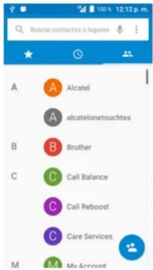 Buscar contactos o lugares A Alcatel A alcatelonetouchtes B Brother C Call Balance C Call Reboost C Care Services M My Account