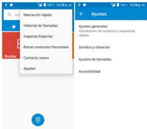 Marcación rápida Historial de llamadas Importar/Exportar Borrar contactos frecuentes Contacto nuevo Ajustes Sonidos y vibración Ajustes de llamadas Accesibilidad