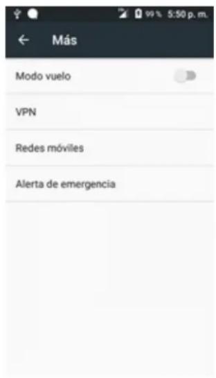 Más Modo vuelo VPN Redes móviles Alerta de emergencia