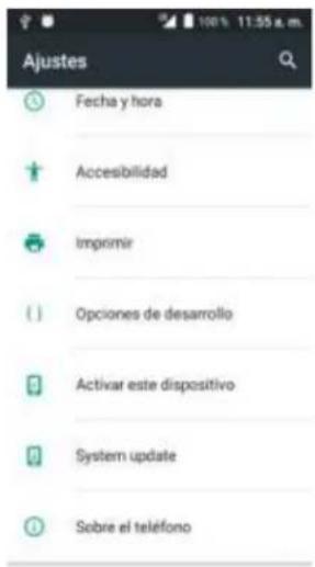 Ajustes Fecha y hora Accesibilidad Imprimir Opciones de desarrollo Activar este dispositivo System update Sobre el teléfono