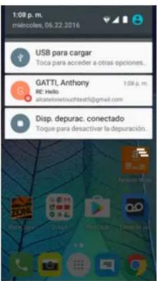 1:08 p. m. miércoles, 06.22.2016 USB para cargar Toca para acceder a otras opciones.. GATTI, Anthony RE: Hello alcateliortouchtest@gmail.com Disp. depurac. conectado Toque para desactivar la depuración..