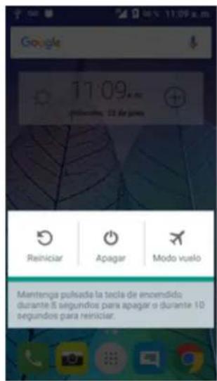 Google 17:09.m plicución 20 días Reiniciar Apagar Modo vuelo Mantença pulsada la tecla de encendido durante 8 segundos para apagar o durante 10 segundos para reiniciar.