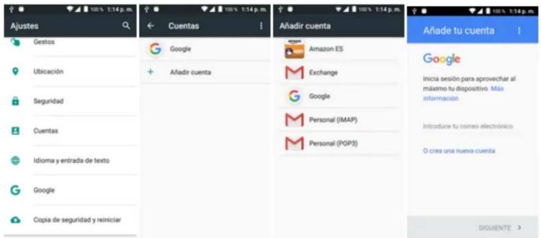 Ajustes Gestos Ubicación Seguridad Cuentas Idioma y entrada de texto Google Copia de seguridad y reiniciar ← Cuentas Google + Añadir cuenta Añadir cuenta Amazon ES Exchange Google Personal (IMAP) Personal (POP3) Añade tu cuenta Google Inicio sesión para aprovechar al máximo tu dispositivo. Más información Introduce tu correo electrónico O crea una nueva cuenta SIQUENTE >