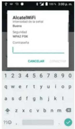 AlcatelWiFi Intensidad de la señal Buena Seguridad WPA2 PSK Contraseña CANCELAR CONNECTAR