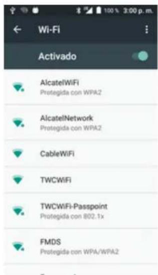 Wi-Fi Activado AlcatelWiFi Protegida con WPA2 AlcatelNetwork Protegida con WPA2 CableWiFi TWCWiFi TWCWiFi-Passpoint Protegida con 802.1x FMDS Protegida con WPA/WPA2