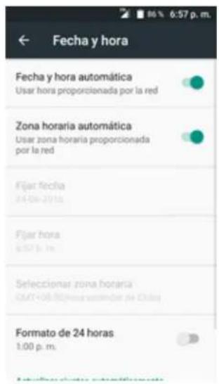 Fecha y hora Fecha y hora automática User hora proporcionada por la red Zona horaria automática User zona horaria proporcionada por la red Fijar fecha 24:56-201a Fijar hora 6:57 b.m. Seleccionar zona horaria GMT+08-80/hora acondiner de Chiles Formato de 24 horas 1.00 p.m.