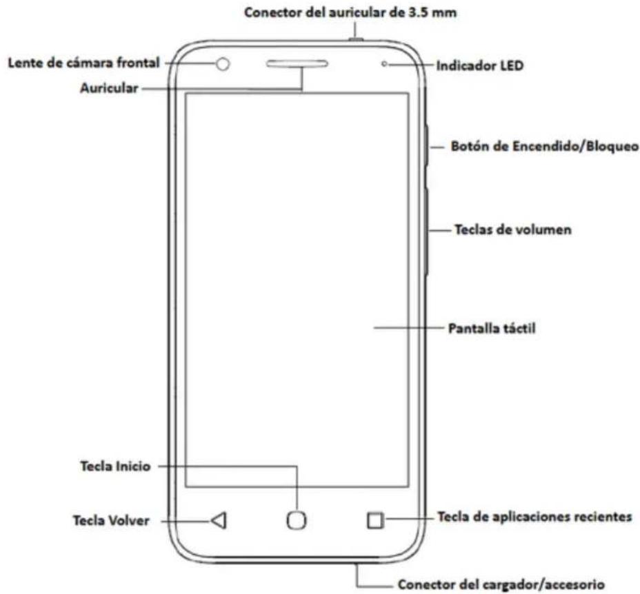 Conector del auricular de 3.5 mm Lente de cámara frontal Auricular Indicador LED Botón de Encendido/Bloqueo Teclas de volumen Pantalla táctil Tecla Inicio Tecla Volver Tecla de aplicaciones recientes Conector del cargador/accesorio