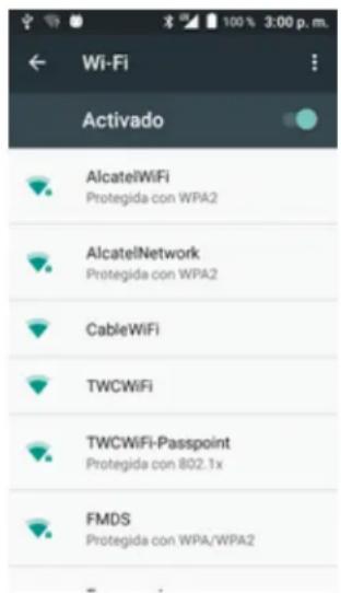 Wi-Fi Activado AlcatelWiFi Protegida con WPA2 AlcatelNetwork Protegida con WPA2 CableWiFi TWCWiFi TWCWiFi-Passpoint Protegida con 802.1x FMDS Protegida con WPA/WPA2