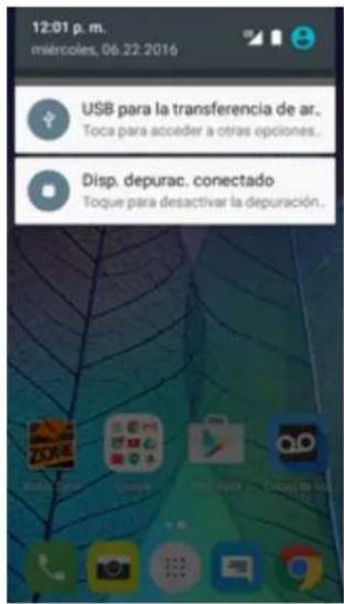 12:01 p. m. miércoles, 06.22.2016 USB para la transferencia de ar.. Toca para acceder a otras opciones.. Disp. depurac. conectado Toque para desactivar la depuración..