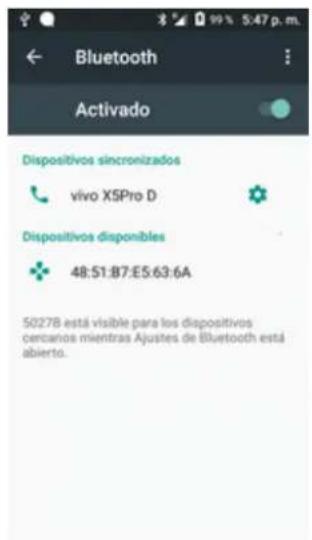 Bluetooth Activado Dispositivos sincronizados vivo X5Pro D Dispositivos disponibles 48:51:87:E5:63:6A 5027B está visible para los dispositivos cercanos mientras Ajustes de Bluetooth está abierto.