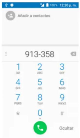 Añadir a contactos 913-358 1 2 3 QD ABC DEF 4 5 6 GHI JKL MNO 7 8 9 PQRS TUV WXYZ * 0 # Ocultar