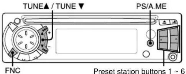 TUNE▲ / TUNE ▼ PS/A.ME FNC Preset station buttons 1 ~ 6
