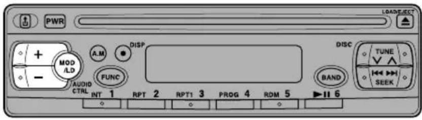 PWR LOAD/LECT + MOD /LD - AUDIO CTRL A.M DISP FUNC INT 1 RPT 2 RPT1 3 PROG 4 RDM 5 DISC TUNE V SEEK BAND 6