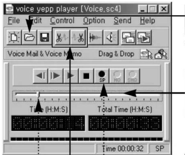 voice yepp player [Voice.sc4] File Edit Control Option Send Help Voice Mail & Voice Mamo Drag & Drop Time (H:M:S) Total Time (H:M:S) Time 00:00:32 SP
