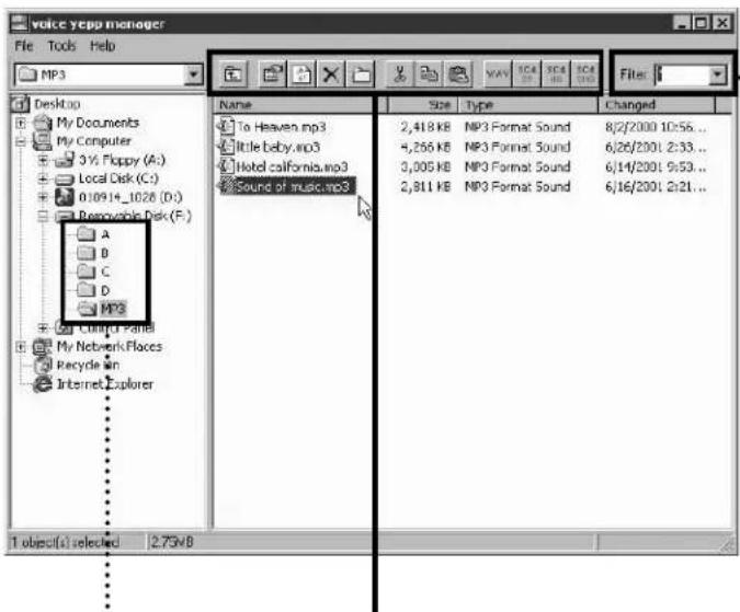 voice yepp manager File Tools Help MP3 Desktop My Documents My Computer 3 Yr. Poppy (A:) Local Disk (C:) 010914_1028 (D:) Removable Disk (F:) A B C D MP3 Clingi Panela My Network Flaces Recycle Win Internet Explorer Name To Heaven.mp3 little baby.mp3 Hotel california.mp3 Sound of music.mp3 Size Type Changed 2,418 KB MP3 Format Sound 8/2/2000 10:56... 4,256 KB MP3 Format Sound 6/26/2001 2:33... 3,005 KB MP3 Format Sound 6/14/2001 9:53... 2,811 KB MP3 Format Sound 6/16/2001 2:21... T object(s) selected 2.75WB