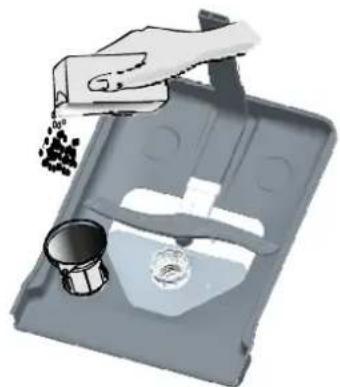 Illustration of a hand pouring granular material into a tray with a container and a small bowl (no text or symbols)