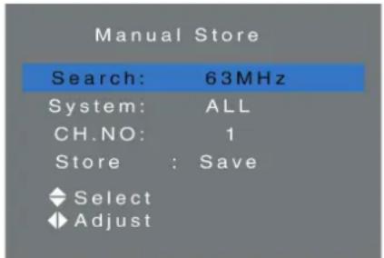 Manual Store Search: 63MHz System: ALL CH.NO: 1 Store : Save ◆ Select ◆ Adjust