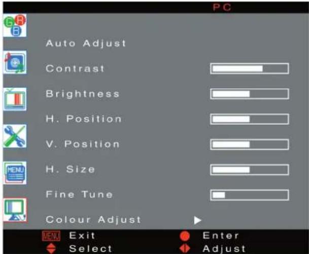 PC Auto Adjust Contrast Brightness H. Position V. Position H. Size Fine Tune Colour Adjust MENU Exit Enter Select Adjust