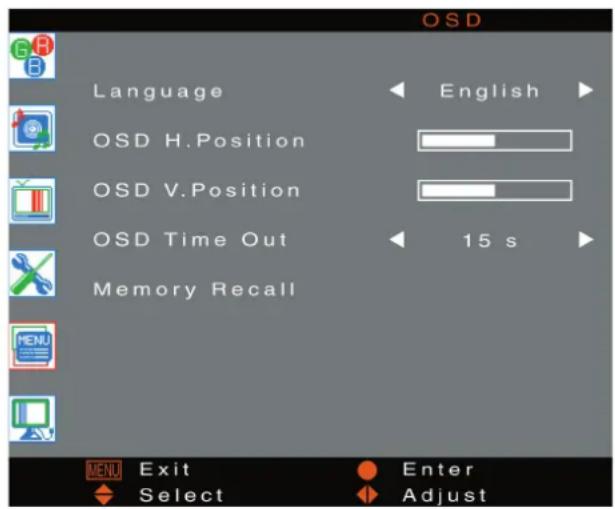 OSD Language English OSD H.Position OSD V.Position OSD Time Out 15 s Memory Recall MENU Exit Enter Select Adjust
