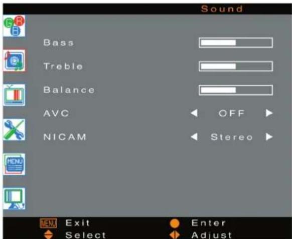 Sound Bass Treble Balance AVC NICAM OFF Stereo Exit Enter Select Adjust