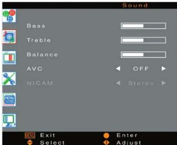 Sound Bass Treble Balance AVC NICAM OFF Stereo MENU Exit Enter Select Adjust