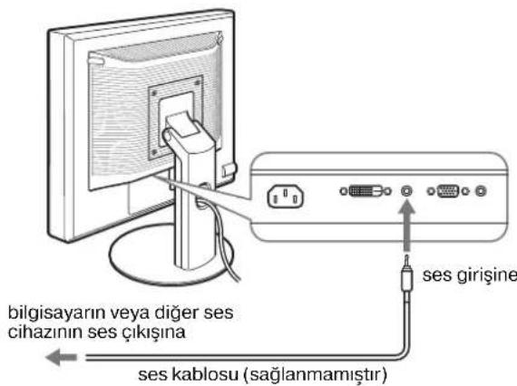 bilgisayarın veya diğer ses cihazının ses çıkışına ses kablosu (sağlanmamıştır) ses girişine