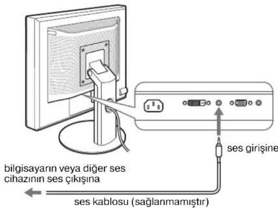 bilgisayarın veya diğer ses cihazının ses çıkışına ses kablosu (sağlanmamıştır) ses girişine