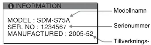 INFORMATION MODEL : SDM-S75A SER. NO : 1234567 MANUFACTURED : 2005-52 Modellnamn Serienummer Tillverknings-