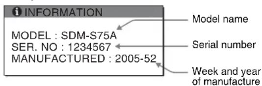 i INFORMATION MODEL : SDM-S75A SER. NO : 1234567 MANUFACTURED : 2005-52 Model name Serial number Week and year of manufacture