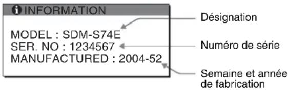 INFORMATION MODEL : SDM-S74E SER. NO : 1234567 MANUFACTURED : 2004-52 Désignation Numéro de série Semaine et année de fabrication