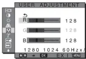 USER ADJUSTMENT R 128 G 128 B 128 1280 1024 60 Hz x / OK EX I MENU