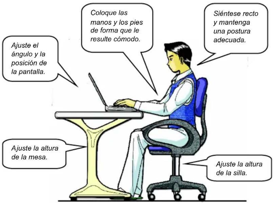 Ajuste el ángulo y la posición de la pantalla. Coloque las manos y los pies de forma que le resulte cómodo. Siéntese recto y mantenga una postura adecuada. Ajuste la altura de la mesa. Ajuste la altura de la silla.