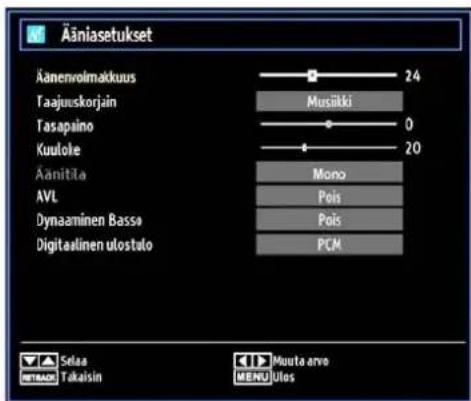 Ääniasetukset Äänenvolmäkuus Taajuuskorjain Tasapaino Kuulole Äänitäta AVL Dynaaminen Basso Digitalinen utostulo 24 0 20 Mono Pois Pois PCM Selaa Takaisin Muuta arvo MENU Ulos