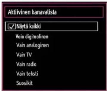 Aktiivinen kanavalista ✓ Näytä kaikki Vain digitoolinen Vain analoginen Vain TV Vain radio Vain teksti Suosikit