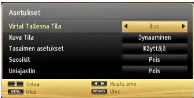 Asetukset Virtual Tallenna Tila Kuva Tila Tasaimen asetukset Suosikit Uniajastin Eco Dynaaminen Käyttäjä Pois Pois Selaa Muuta arvo MENU Ulos REF/BACK Ulos