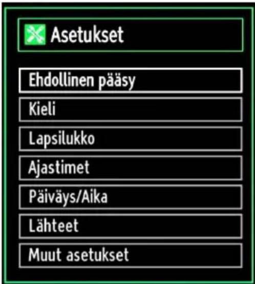 Asetukset Ehdollinen pääsy Kieli Lapsilukko Ajastimet Päiväys/Aika Lähteet Muut asetukset