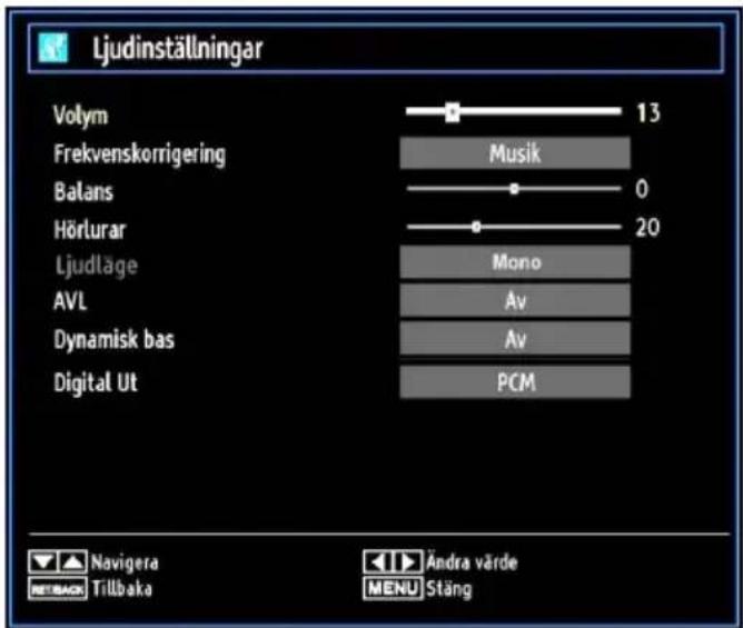 Ljudinställningar Volym 13 Frekvenskorrigering Musik Balans 0 Hörlurar 20 Ljudläge Mono AVL Av Dynamisk bas Av Digital Ut PCM Navigera Tillbaka Ändra värde MENU Stäng