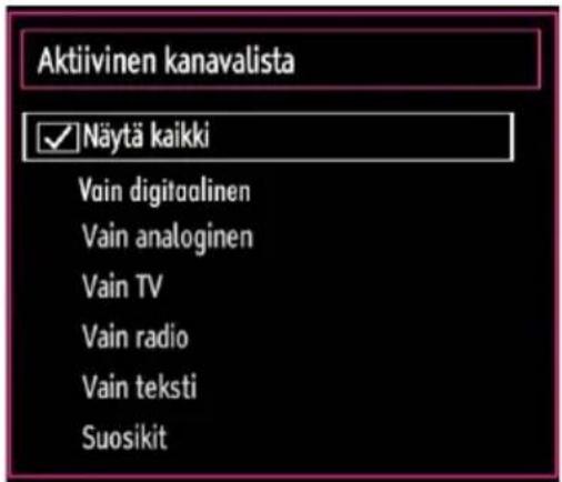 Aktiivinen kanavalista ✓ Näytä kaikki Vain digitaolinen Vain analoginen Vain TV Vain radio Vain teksti Suosikit