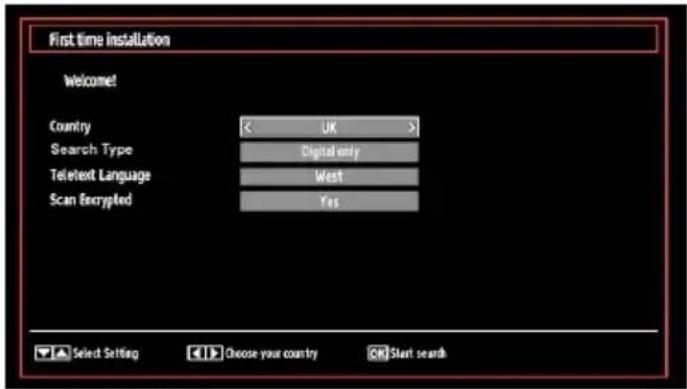 First time installation Welcome! Country < UK > Search Type Digital only Teletext Language West Scan Encrypted Yes Select Setting Choose your country Start search