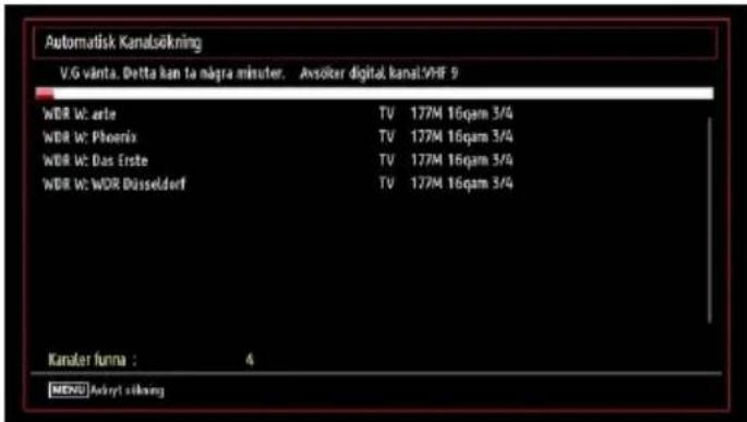 Automatisk Kanalsökning V.G vänta. Detta kan ta några minuter. Axsöter digital kanal VHF 9 WDR W: ante TV 177M 16qam 3/4 WDR W: Phoenix TV 177M 16qam 3/4 WDR W: Das Erste TV 177M 16qam 3/4 WDR W: WDR Düsseldorf TV 177M 16qam 3/4 Kanaler funna : 4 MENU Ackredt sökning