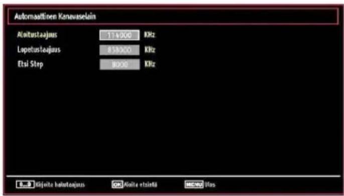 Automastinen Kanavasekin Aloitustaajus 114900 KHz Lopetustaajus 8539.00 KHz Etsi Step 8000 KHz Gjelito kanatoajus OK Aolite etsielä MCMU Vlas