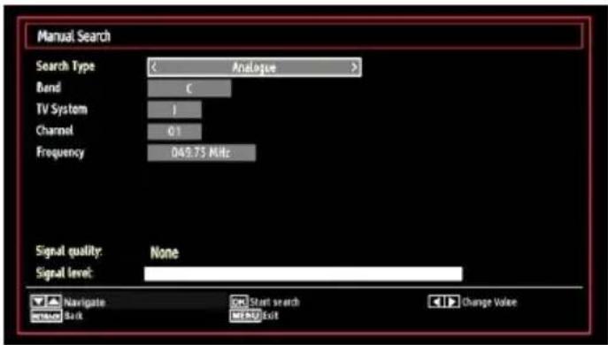 Manual Search Search Type < Analogue > Band C TV System 1 Channel 01 Frequency 049.75 MHz Signal quality: None Signal level: Navigate Start search Change Value Back Export