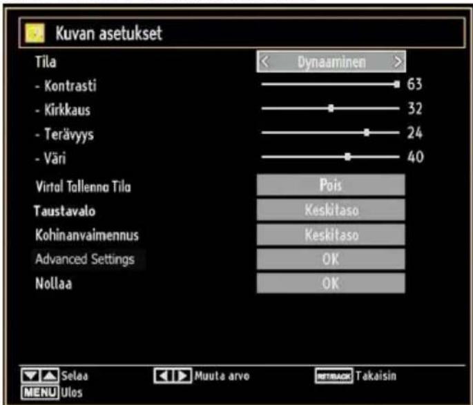 Kuvan asetukset Tila - Kontrasti - Kirkkaus - Terävyys - Väri Virtual Tollenno Tila Taustavalo Kohinanvaimennus Advanced Settings Nollaa Dynaaminen 63 32 24 40 Pois Keskitaso Keskitaso OK OK